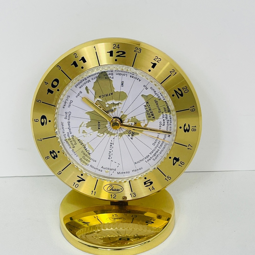 Chass World Time Desk Clock Gold Tone Professional Travel Executive For Parts